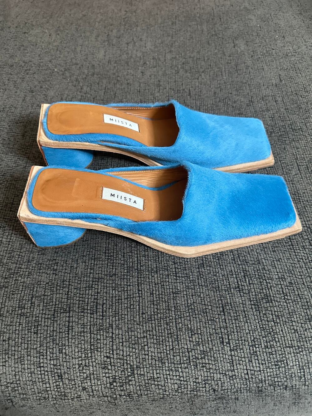 Miista Jena Calf-Hair Mules Blue Womans EU40 US 9 Square Too Sculptural Heels